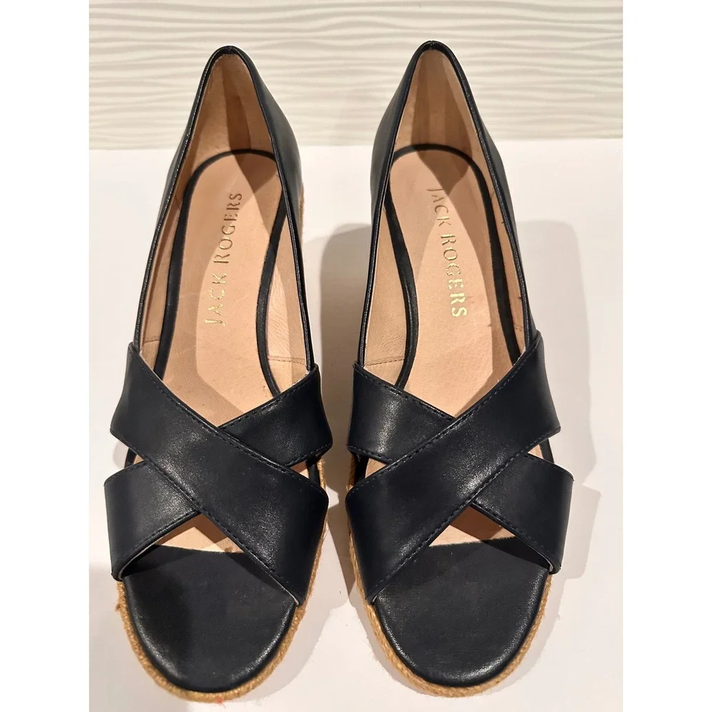 Jack Rogers Espadrille Wedge Sandals Womens 7.5M Navy Blue Leather Crisscross
